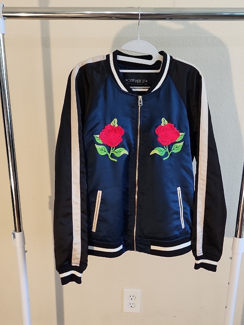 Forever 21 Navy and Black Satin Bomber Jacket with Red Rose Appliqués B.